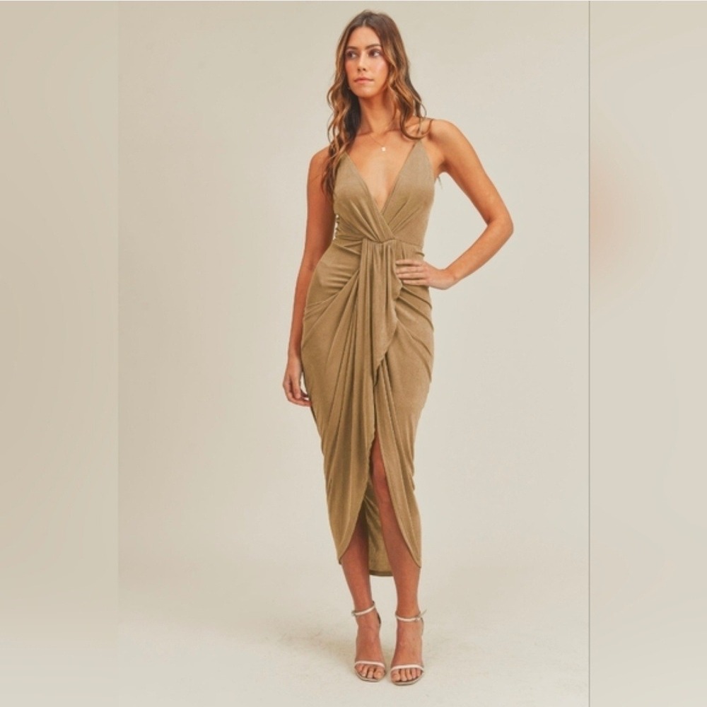 MABLE Bronze Metallic Draped V-Neck Midi Dress MD2341A Small